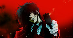 Rule 34 | 1boy, aiming, aiming at viewer, alucard (hellsing), ascot, black hair, gloves, gun, hair over one eye, handgun, head tilt, hellsing, holding, holding gun, holding weapon, jacket, male focus, portrait, red background, red eyes, smile, solo, toshimichi yukari, weapon, white gloves