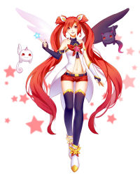 Rule 34 | 1girl, alternate costume, alternate hair color, elbow gloves, fingerless gloves, gloves, highres, jinx (league of legends), kezi, kuro (league of legends), league of legends, long hair, looking at viewer, magical girl, navel, red eyes, red hair, shiro (league of legends), short shorts, shorts, smirk, solo, star (symbol), star guardian (league of legends), star guardian jinx, thigh gap, thighhighs, twintails, very long hair, wings