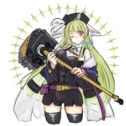 Rule 34 | 1girl, arknights, artist name, black corset, black hat, black jacket, black thighhighs, blunt bangs, closed mouth, collared shirt, corset, cropped legs, green hair, hammer, hat, hat feather, head wings, highres, holding, holding weapon, jacket, legs apart, long bangs, long hair, looking at viewer, off shoulder, open clothes, open jacket, poncirus (arknights), purple eyes, shirt, sidelocks, simple background, sleeveless, sleeveless shirt, smile, solo, straight hair, thighhighs, thighs, touno (akarino), v-shaped eyebrows, weapon, white background, white shirt, wings, zettai ryouiki