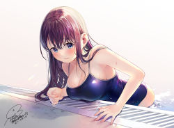 Rule 34 | 1girl, absurdres, arm support, armpits, backlighting, bare arms, bare shoulders, blue eyes, blue one-piece swimsuit, blush, breast rest, breasts, brown hair, cleavage, clenched hand, collarbone, competition school swimsuit, cowboy shot, drain (object), embarrassed, from side, geshumaro, gradient background, grey background, hair between eyes, highres, large breasts, leaning forward, lens flare, long hair, looking at viewer, nail polish, one-piece swimsuit, original, parted lips, pink nails, pool, poolside, raised eyebrows, school swimsuit, sideboob, sideways glance, signature, skindentation, solo, straight hair, swimsuit, wading, water, wet, wet hair, white background