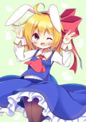 Rule 34 | 1girl, ;d, ahoge, animal ears, ascot, black pantyhose, blonde hair, bow, commentary request, esureki, fake animal ears, fang, hair bow, hair ribbon, hairband, highres, looking at viewer, one eye closed, open mouth, orange eyes, pantyhose, rabbit ears, ribbon, rumia, short hair, smile, solo, touhou