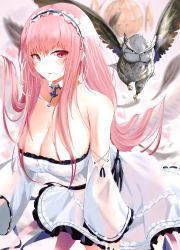 Rule 34 | 1girl, absurdres, angel wings, ashita no sakuya, azur lane, bird, black frills, breasts, cleavage, detached sleeves, dress, frilled hairband, frills, hairband, highres, jewelry, key, key necklace, large breasts, long hair, looking at viewer, necklace, owl, perseus (azur lane), pink eyes, pink hair, solo, twintails, very long hair, white dress, wings