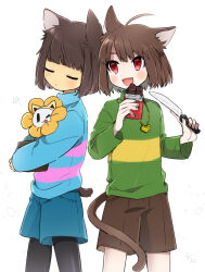 Rule 34 | 2others, ahoge, animal ear hairband, animal ears, aqua shorts, aqua sweater, black pantyhose, blush, bob cut, brown hair, brown shorts, brown tail, candy, cat ears, cat tail, chara (undertale), child, chocolate, chocolate bar, closed eyes, closed mouth, denim, denim shorts, fake animal ears, fangs, fingernails, flower, flower pot, flowey (undertale), food, frisk (undertale), green sweater, hairband, heart, heart necklace, holding, holding chocolate, holding flower pot, holding food, holding knife, jewelry, kemonomimi mode, knife, leftporygon, looking at another, multiple others, necklace, one eye closed, open mouth, pantyhose, pink sweater, short hair, shorts, smile, standing, striped clothes, striped sweater, sweater, tail, tongue, tongue out, turtleneck, turtleneck sweater, undertale, white background, yellow sweater