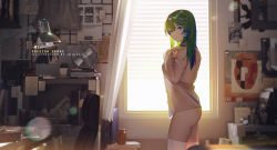 Rule 34 | 1girl, absurdres, alternate costume, aqua eyes, artist name, backlighting, book, book stack, bottomless, breasts, chair, character name, day, desk lamp, frog hair ornament, from side, glint, green hair, grey shirt, hair ornament, hair tubes, hand on own chest, highres, indoors, jar, kochiya sanae, lamp, lens flare, long hair, long sleeves, looking at viewer, looking to the side, medium breasts, naked shirt, no panties, note, open clothes, open shirt, paper, parted lips, plant, poster (object), potted plant, see-through, see-through silhouette, shirt, solo, sunlight, table, thighhighs, touhou, white thighhighs, window, xtears kitsune