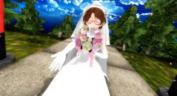 Rule 34 | 1girl, 3d, bouquet, bridal veil, brown hair, cherry blossoms, closed eyes, dress, flower, glasses, gloves, happy, highres, isabell-chan, looking at viewer, mikumikudance (medium), open mouth, smile, solo, touhou, usami sumireko, veil, wedding dress