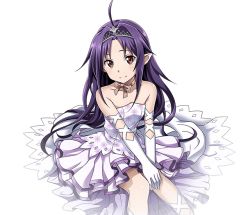 Rule 34 | 1girl, ahoge, breasts, brown eyes, choker, diadem, dress, elbow gloves, gloves, grey ribbon, layered dress, long hair, looking at viewer, own hands together, pointy ears, purple hair, ribbon choker, short dress, sitting, sleeveless, sleeveless dress, small breasts, smile, solo, strapless, strapless dress, sword art online, transparent background, very long hair, white gloves, yuuki (sao)