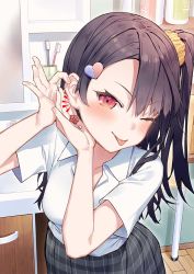 Rule 34 | 1girl, ;p, black hair, blush, breasts, broken heart, commentary, cup, hair ornament, hair scrunchie, heart, heart hair ornament, long hair, looking at viewer, medium breasts, munakata hinano, one eye closed, one side up, original, red eyes, school uniform, scrunchie, side ponytail, skirt, smile, solo, tokuno yuika, tongue, tongue out, toothbrush, yellow scrunchie