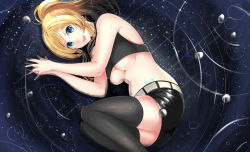 Rule 34 | 1girl, ayase eli, baozha gangbi, black shorts, black thighhighs, blonde hair, blue eyes, breasts, character name, crop top, hands up, heart, highres, large breasts, legs together, long hair, looking at viewer, love live!, love live! school idol project, lying, on side, open mouth, own hands together, ponytail, rain, ripples, shorts, sidelocks, smile, solo, thighhighs, thighs, underboob