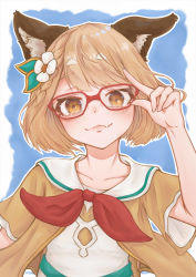 Rule 34 | 1girl, absurdres, adjusting eyewear, animal ears, blonde hair, closed mouth, collarbone, dog ears, fang, fang out, flower, glasses, granblue fantasy, hair flower, hair ornament, hand up, highres, jacket, lips, looking at viewer, mokamocha, sailor collar, short eyebrows, short hair, skin fang, smile, solo, thick eyebrows, upper body, vajra (granblue fantasy), yellow eyes, yellow jacket