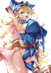 Rule 34 | 1girl, :d, alternate breast size, arm up, armored leotard, armpits, between legs, blonde hair, blue headwear, blue leotard, breasts, covered navel, dark magician girl, duel monster, green eyes, highres, large breasts, leotard, long hair, looking at viewer, open mouth, sasakuma kyouta, sideboob, simple background, smile, solo, wand, white background, witch, yu-gi-oh!, yu-gi-oh! duel monsters