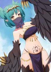 Rule 34 | 1girl, absurdres, bare shoulders, black feathers, black wings, blush, breasts, claws, commentary, commission, english commentary, feathers, green hair, harpy, heart, heart-shaped pupils, highres, hzhc, indie virtual youtuber, lincoro, medium breasts, midriff, monster girl, mouth veil, navel, pelvic curtain, pointy ears, red eyes, second-party source, short hair, short twintails, solo, stomach tattoo, symbol-shaped pupils, tattoo, tiara, tongue, tongue out, twintails, veil, virtual youtuber, winged arms, wings