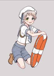 Rule 34 | 1boy, blush, child, grey background, grey hair, hat, heterochromia, highres, lifebuoy, looking at viewer, male focus, navel, open mouth, original, piko (pixiv), sailor collar, sailor hat, sailor shirt, shirt, shorts, solo, solo focus, swim ring, tooth