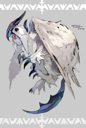 Rule 34 | absol, absurdres, blue skin, claws, colored skin, commentary request, creatures (company), dated, forehead jewel, game freak, gen 3 pokemon, grey background, hair over one eye, highres, horns, mega absol, mega pokemon, nintendo, no humans, pokemon, pokemon (creature), red eyes, signature, sukepmonster, tail, white hair, wings