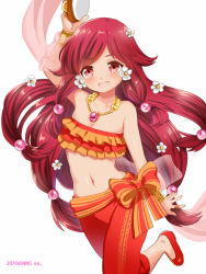 Rule 34 | 1girl, :d, angel stone, arm up, bandeau, bare arms, bare shoulders, blush, bracelet, breasts, cowboy shot, flower, frills, hair flower, hair ornament, holding, holding instrument, instrument, jewelry, long hair, looking at viewer, medium breasts, meesuke, midriff, navel, necklace, official art, open mouth, pants, red eyes, red footwear, red hair, red pants, ring, sash, shawl, shoes, simple background, smile, solo, standing, standing on one leg, strapless, tambourine, very long hair, white background, white flower