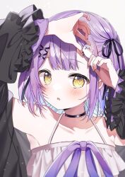 Rule 34 | 1girl, adjusting hair ornament, arms up, bare shoulders, black choker, black ribbon, blush, camisole, choker, collarbone, frilled sleeves, frills, ghost hair ornament, hair ornament, hair ribbon, highres, long sleeves, looking at viewer, parted lips, pome charo, purple hair, purple ribbon, ribbon, shinomiya runa, shinomiya runa (1st costume), short hair, shrug (clothing), sidelocks, simple background, sleeveless, solo, upper body, virtual youtuber, vspo!, white background, white camisole, x hair ornament, yellow eyes