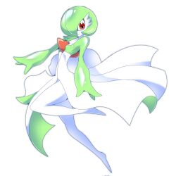 bob_cut colored_skin creatures_(company) dress game_freak gardevoir gen_3_pokemon green_hair green_skin hair_over_one_eye highres multicolored_skin nintendo pink_eyes pokemon pokemon_(creature) shiibayunoka simple_background smile two-tone_skin white_background white_dress white_skin