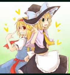 Rule 34 | 2girls, alice margatroid, alice margatroid (cosplay), apron, back-to-back, blonde hair, blue dress, capelet, cosplay, costume switch, dress, female focus, green eyes, grin, hairband, hat, hat ribbon, kirisame marisa, kirisame marisa (cosplay), letterboxed, long hair, multiple girls, necktie, open mouth, pointing, pointing at self, puffy sleeves, ribbon, sash, shirt, short hair, short sleeves, skirt, skirt set, smile, touhou, waist apron, witch hat, yellow eyes, yuuta (monochrome)
