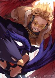 Rule 34 | 2boys, animal head, beak, black cloak, black gloves, black wristband, blank eyes, blonde hair, boku no hero academia, chromatic aberration, cloak, clothes grab, commentary request, dark shadow, facial hair, feathered wings, feathers, flying, forked eyebrows, fur-trimmed jacket, fur-trimmed sleeves, fur trim, gloves, goatee, hair slicked back, hawks (boku no hero academia), headphones, high collar, highres, hug, hug from behind, jacket, long sleeves, looking at another, male focus, multiple boys, nakamu 405, open mouth, partial commentary, pixiv username, red eyes, red feathers, red wings, sanpaku, short hair, simple background, smile, stubble, tinted eyewear, tokoyami fumikage, triangle, twitter username, white background, wings, x arms, yellow-tinted eyewear, yellow eyes, yellow jacket