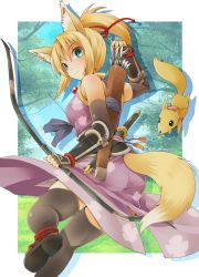 Rule 34 | 10s, 1girl, animal ears, arrow (projectile), bare shoulders, black thighhighs, blonde hair, bow (bhp), bow (weapon), dog days, fox ears, fox tail, green eyes, michii yuuki, quiver, smile, solo, tail, thighhighs, weapon, yukikaze panettone