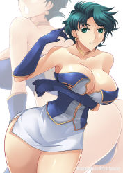 Rule 34 | 1girl, aqua eyes, aqua hair, ass, aya kobayashi, breast hold, breasts, cleavage, curvy, earrings, gem, gloves, haganef, hip focus, jewelry, large breasts, open mouth, parted lips, shiny skin, short hair, simple background, super robot wars, thighs, wide hips, zoom layer