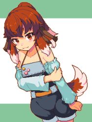 Rule 34 | 1girl, animal ears, bare shoulders, borrowed character, breasts, brown eyes, brown hair, closed mouth, dog ears, dog girl, dog tail, floppy ears, grabbing own arm, hair ribbon, halterneck, lillithlauda, looking at viewer, multicolored hair, original, overall shorts, overalls, pixel art, puffy shorts, purple ribbon, ribbon, short eyebrows, shorts, sidelocks, small breasts, smile, solo, tail, variant set, white hair