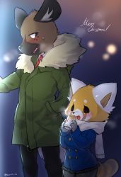 Rule 34 | 1boy, 1girl, :d, aggressive retsuko, animal nose, black eyes, black fur, black skirt, blush, body fur, breasts, brown eyes, brown fur, commentary request, fur-trimmed jacket, fur trim, furry, furry female, furry male, haida (aggretsuko), height difference, highres, hyena, hyena ears, jacket, looking to the side, medium breasts, merry christmas, open mouth, orange fur, red panda, red panda ears, red panda girl, red panda tail, retsuko, scarf, simple background, skirt, smile, snout, standing, suurin (ksyaro), sweatdrop, twitter username, white fur