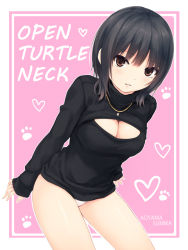 Rule 34 | 1girl, aoyama sumika, black hair, breasts, brown eyes, character name, cleavage, cleavage cutout, clothing cutout, coffee-kizoku, cowboy shot, english text, heart, jewelry, leaning forward, looking at viewer, medium breasts, meme attire, necklace, no pants, open-chest sweater, original, panties, parted lips, ribbed sweater, short hair, sleeves past wrists, solo, sweater, turtleneck, underwear, white panties