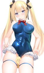 Rule 34 | azur lane, blonde hair, blue eyes, blue legwear, blue leotard, blue one-piece swimsuit, breasts, dead or alive, dead or alive 5, hair ornament, hair ribbon, highres, leotard, long hair, manjuu (azur lane), marie rose, megumi kei, one-piece swimsuit, ribbon, simple background, small breasts, solo, swimsuit, thigh strap, thighs, twintails, white background, x hair ornament