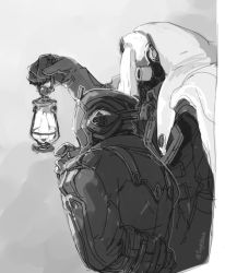Rule 34 | 2boys, arm at side, arm behind back, bondrewd, cape, coat, commentary request, covered face, from side, gloves, greyscale, gyarike, hand up, helm, helmet, holding, holding lamp, hood, hood up, hooded cape, kerosene lamp, long sleeves, made in abyss, male focus, monochrome, multiple boys, sketch, toge (owannun), twitter username