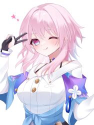 Rule 34 | 1girl, ;), ;q, archery shooting glove, black gloves, blue eyes, blue jacket, bra strap, breasts, closed mouth, commentary, dress shirt, flower ornament, gloves, gradient jacket, hair intakes, hand up, highres, honkai: star rail, honkai (series), jacket, kino (curry pan), long sleeves, looking at viewer, march 7th (honkai: star rail), medium breasts, medium hair, one eye closed, partially fingerless gloves, pink hair, pink pupils, purple eyes, purple jacket, revision, shirt, simple background, small breasts, smile, solo, star (symbol), tied jacket, tongue, tongue out, twitter username, two-tone eyes, underbust, upper body, v, white background, white shirt