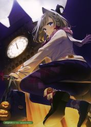 Rule 34 | 1girl, absurdres, animal ears, argyle, argyle clothes, argyle legwear, artist name, ass, bag, blue eyes, blush, braid, broom, broom riding, cat ears, clock, clock tower, closed mouth, elizabeth tower, full body, full moon, halloween, hat, highres, jack-o&#039;-lantern, light brown hair, loafers, long sleeves, looking at viewer, melonbooks, mignon, moon, night, original, outdoors, pantyhose, pleated skirt, pumpkin, scan, scarf, school bag, shoes, short hair, single braid, skirt, solo, sweater, tower, witch hat