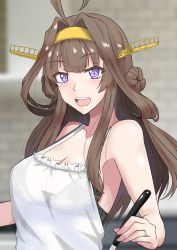 Rule 34 | 1girl, absurdres, ahoge, apron, black bra, blurry, blurry background, blush, bra, braid, braided bun, breasts, brown hair, cleavage, commentary request, cooking, double bun, hair bun, hairband, highres, holding, jewelry, kantai collection, ken (shutenndouji1), kongou (kancolle), long hair, medium breasts, open mouth, purple eyes, ring, solo, spoon, underwear, upper body, wedding ring, white apron