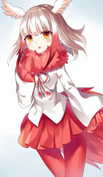Rule 34 | 10s, 1girl, brown eyes, fur collar, gloves, gradient hair, head wings, japanese crested ibis (kemono friends), kemono friends, looking at viewer, multicolored hair, pantyhose, peanuts (asd313175), pleated skirt, red gloves, red pantyhose, short hair with long locks, simple background, skirt, solo, white background, white hair, wings