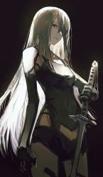 Rule 34 | 1girl, android, armlet, backlighting, black gloves, black shorts, black tank top, closed mouth, elbow gloves, gloves, grey eyes, hair over one eye, highres, holding, holding sword, holding weapon, joints, karasuro, katana, long hair, nier (series), nier:automata, robot joints, shorts, solo, sword, tank top, very long hair, virtuous contract, weapon, white hair, a2 (nier:automata)