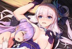 Rule 34 | 2girls, ahoge, arm up, azur lane, bare shoulders, blue dress, blue eyes, blush, breasts, breasts apart, breasts out, choker, cleavage, closed eyes, clothes pull, dress, dress pull, gloves, hair bun, hair ornament, hand up, illustrious (azur lane), illustrious (never-ending tea party) (azur lane), large breasts, long hair, lying, mole, mole under eye, multiple girls, on back, open mouth, purple gloves, purple hair, side bun, sidelocks, single hair bun, single side bun, sleeping, unicorn (azur lane), very long hair, you ni ge shaobing