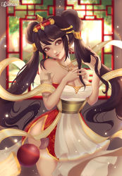 Rule 34 | 1girl, adapted costume, alternate costume, alternate eye color, alternate hair color, arm tattoo, artist name, bare shoulders, breasts, brown eyes, cleavage, dragon tattoo, gumae, guqin sona, hair ornament, head tilt, indoors, jewelry, large breasts, league of legends, nail polish, necklace, red nails, ring, solo, sona (league of legends), tattoo, twintails