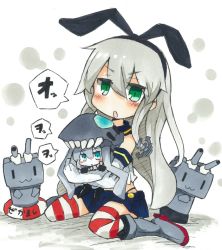Rule 34 | 2girls, :3, black bow, blush stickers, boots, bow, chibi, colored skin, commentary request, elbow gloves, gloves, green eyes, hair between eyes, hair bow, hairband, high heel boots, high heels, igo miku, jitome, kantai collection, long hair, looking at viewer, multiple girls, rensouhou-chan, school uniform, serafuku, shimakaze (kancolle), silver hair, sitting, speech bubble, striped clothes, striped legwear, striped thighhighs, thighhighs, traditional media, v-shaped eyebrows, wariza, white gloves, white skin, wo-class aircraft carrier