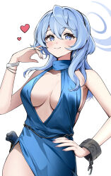Rule 34 | 1girl, absurdres, ako (blue archive), ako (dress) (blue archive), backless dress, backless outfit, blue archive, blue dress, blue eyes, blue hair, blue halo, blush, breasts, closed mouth, commentary, cowboy shot, cuffs, dress, hair between eyes, halo, handcuffs, heart, highres, large breasts, long hair, official alternate costume, sideboob, simple background, sleeveless, sleeveless dress, smile, solo, tate yukimi, white background
