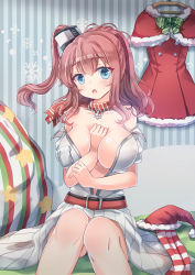 Rule 34 | 1girl, anchor, bandana, between breasts, blue eyes, breasts, brown hair, capelet, dress, emia wang, hair ornament, hat, highres, kantai collection, large breasts, looking at viewer, open clothes, open dress, open mouth, ponytail, red bandana, red dress, red neckwear, sack, santa hat, saratoga (kancolle), side ponytail, sidelocks, sitting, smokestack, solo, striped background, striped clothes, striped legwear, striped thighhighs, thighhighs, white dress