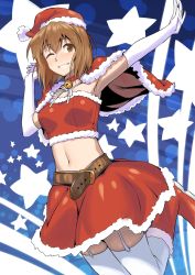 Rule 34 | 1girl, armpits, bell, belt, boots, breasts, brown eyes, brown hair, capelet, christmas, elbow gloves, garter straps, gloves, hagiwara yukiho, hat, highres, idolmaster, idolmaster (classic), inu (aerodog), jumping, medium breasts, midriff, navel, one eye closed, outstretched arm, santa costume, santa hat, short hair, skirt, smile, solo, star (symbol), thighhighs, white gloves, white thighhighs, wink