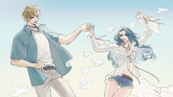 1boy 1girl belt bird blonde_hair blue_hair blue_shirt breasts choker cleavage collared_shirt couple cowboy_shot denim denim_shorts dove flock frilled_sleeves frills grey_belt grey_eyes grey_pants hair_between_eyes hetero highres holding_hands kurokawa_karasu long_hair medium_breasts midriff open_mouth original outdoors pants parted_bangs shirt short_hair shorts smile strapless tube_top white_bird white_shirt