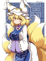Rule 34 | 1girl, :o, animal ears, animal hat, arms under breasts, artist name, blonde hair, blush, breasts, commentary request, cowboy shot, dress, fox ears, fox tail, frills, hair between eyes, hands in opposite sleeves, hat, highres, large breasts, long sleeves, looking at viewer, medium hair, mob cap, multiple tails, open mouth, shitacemayo, simple background, solo, tabard, tail, tassel, touhou, white background, white dress, white hat, wide sleeves, yakumo ran, yellow eyes