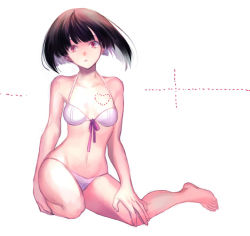 Rule 34 | 1girl, bad id, bad pixiv id, bikini, black hair, breasts, dotted line, heart, looking at viewer, lor968, navel, original, red eyes, short hair, sitting, small breasts, solo, swimsuit, white bikini