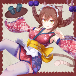 Rule 34 | 1girl, :q, animal ears, apron, blush, braid, breasts, brown hair, cat ears, cat tail, cup, detached sleeves, hair bobbles, hair ornament, highres, irohara, japanese clothes, kimono, large breasts, long hair, looking at viewer, original, smile, solo, tail, thighhighs, tongue, tongue out, tray, twin braids, twintails, waist apron, yellow eyes, zettai ryouiki