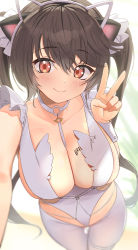 Rule 34 | 1girl, absurdres, animal ears, azur lane, bare shoulders, between breasts, blush, body writing, breasts, brown eyes, brown hair, cat ears, choker, closed mouth, clothing cutout, collarbone, cosplay, crotchless, crotchless pantyhose, hair between eyes, highres, large breasts, le malin (azur lane), le malin (azur lane) (cosplay), le malin (listless lapin) (azur lane), le malin (listless lapin) (azur lane) (cosplay), leotard, long hair, looking at viewer, o-ring, o-ring choker, original, pantyhose, selfie, sidelocks, smile, solo, strap between breasts, thigh strap, twin (tt lsh), twintails, underboob cutout, v, white choker, white leotard, white pantyhose, white unitard, writing on breasts