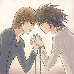 Rule 34 | 00s, black hair, brown hair, cuffs, death note, frown, holding hands, handcuffs, l (death note), lowres, yagami light