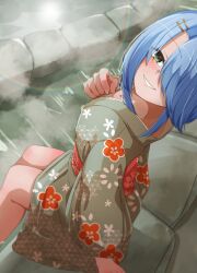 Rule 34 | 1girl, absurdres, alternate costume, alternate hair color, arm at side, blue hair, blush, cafe stella to shinigami no chou, commentary request, dark-skinned female, dark skin, feet out of frame, floral print, foot bath, from above, green eyes, green kimono, grin, hair ornament, hair over one eye, hairclip, hand up, happy, haribo no suke, highres, hiuchidani mei, japanese clothes, kimono, lens flare, long bangs, long sleeves, looking at viewer, looking up, one eye covered, print kimono, short hair with long locks, smile, soaking feet, solo, tan, tsurime, wide sleeves, yukata