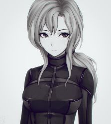 Rule 34 | 1girl, arms at sides, bad id, bad pixiv id, bodysuit, breasts, commentary, expressionless, grey background, greyscale, highres, kiryuu moeka, large breasts, long hair, looking at viewer, miura-n315, monochrome, no eyewear, ponytail, shiny clothes, sidelocks, simple background, skin tight, solo, steins;gate, turtleneck