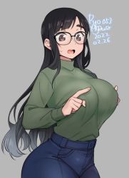 Rule 34 | 1girl, agawa ryou, artist name, asymmetrical bangs, black hair, breasts, brown eyes, commentary, cowboy shot, dated, denim, english commentary, glasses, gradient hair, green sweater, grey background, grey hair, hands up, high-waist pants, index fingers raised, jeans, large breasts, long sleeves, looking ahead, multicolored hair, numbered, open mouth, original, pants, shirt tucked in, sidelocks, simple background, solo, sweatdrop, sweater, swept bangs, tented shirt, thick eyebrows, thick thighs, thighs, turtleneck, two-tone hair, wavy mouth