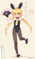 Rule 34 | 10s, 1girl, alternate costume, animal ears, blonde hair, blush, rabbit ears, playboy bunny, character name, crescent, elbow gloves, fake animal ears, hand fan, folding fan, gloves, hair between eyes, hairband, hand up, kantai collection, long hair, low twintails, necktie, outstretched arm, pantyhose, satsuki (kancolle), sidelocks, solo, standing, standing on one leg, tie clip, translated, twintails, twitter username, yellow eyes, yuasa makoto
